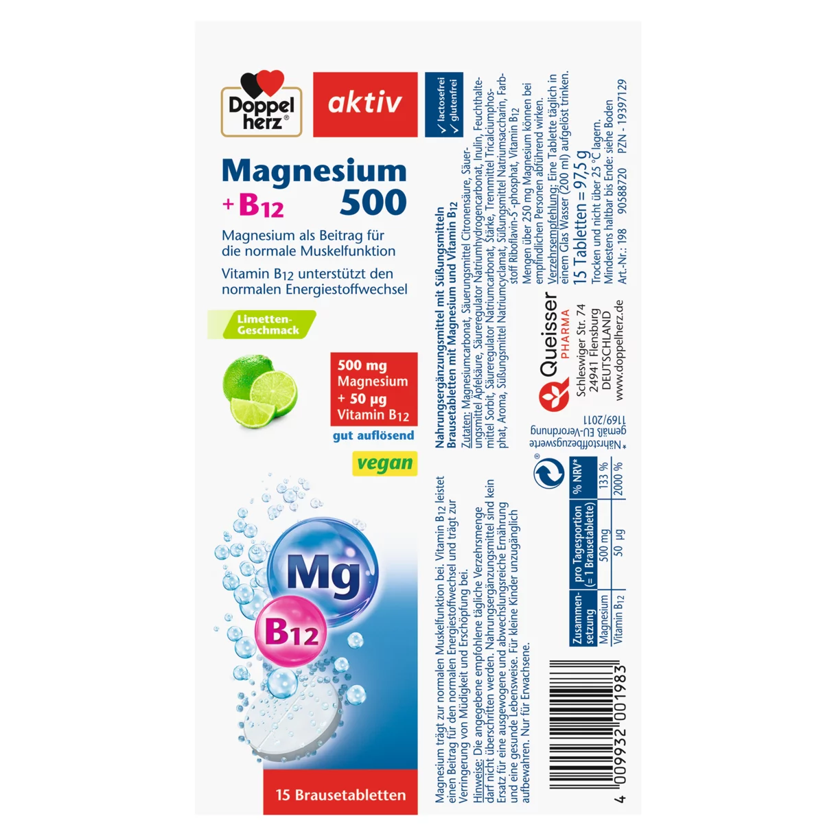 Abbildung der Produktverpackung Doppelherz aktiv Magnesium 500 + B12 Brausetabletten Seitenansicht links